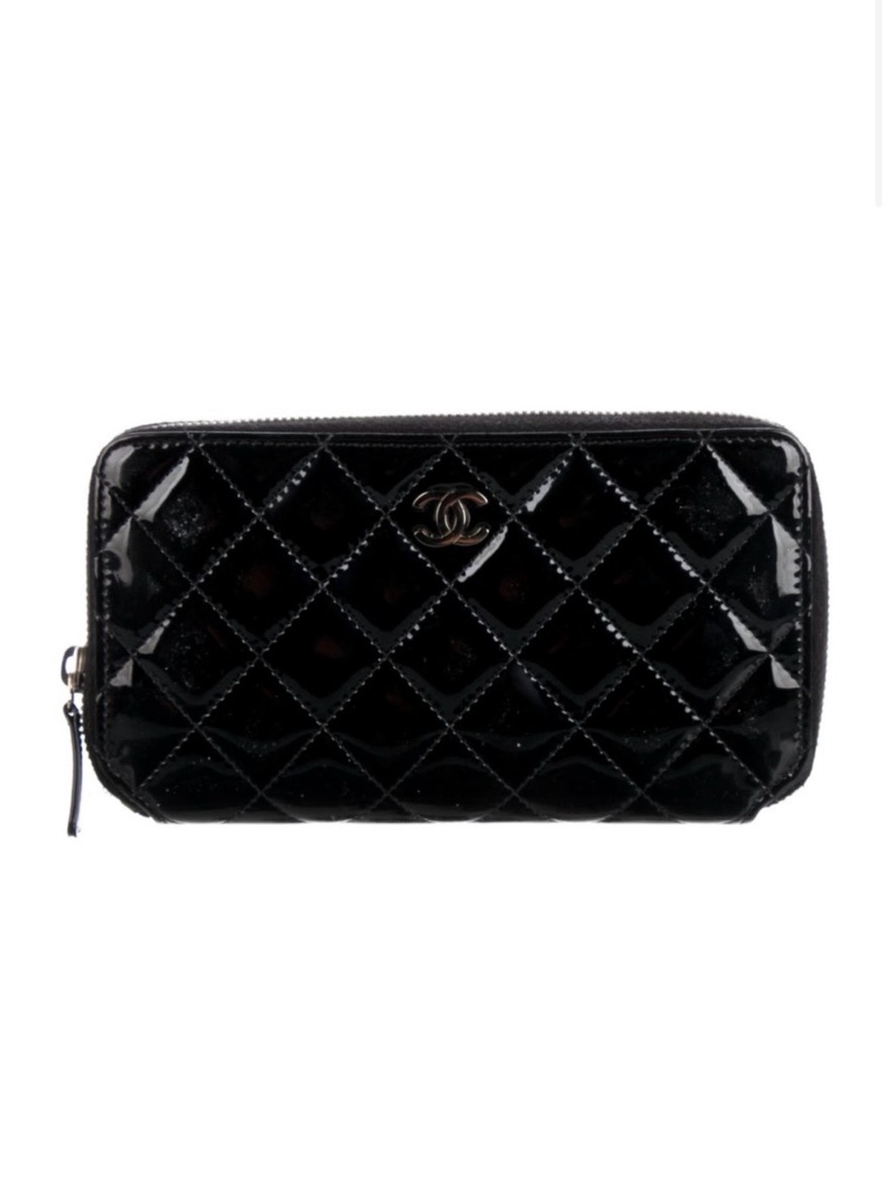 CHANEL Black Quilted Patent Leather Zip-Around Wallet